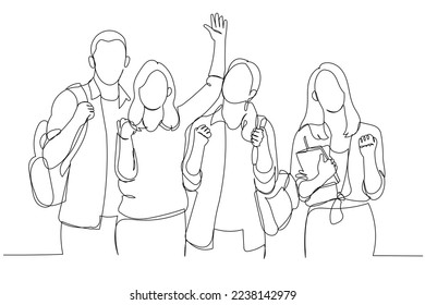 Drawing of group of happy students celebrating success posing and standing. Continuous line art
