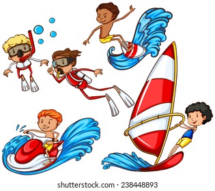 A drawing of a group of people doing watersports on a white background