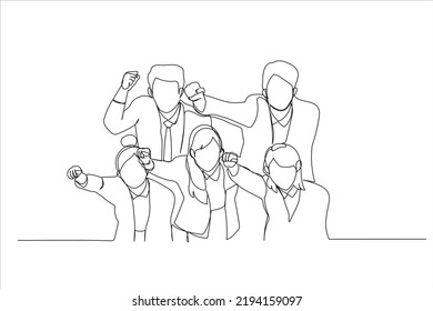 Drawing of group of salesman and woman who look up. Single line art style
