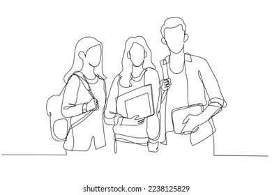 Drawing of group students with books and backpacks looking at camera walking in college campus. Single continuous line art style
