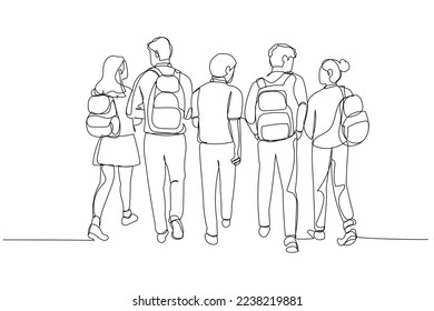 Drawing of group of students walking to school happy. Single continuous line art style
