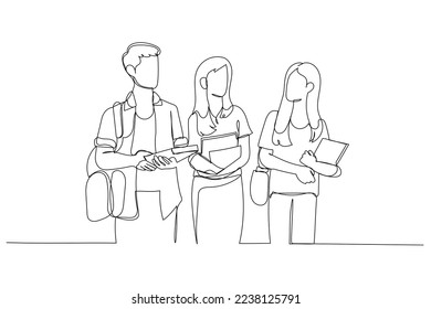 Drawing of group of three students walk together to discuss exam homework. Single continuous line art
