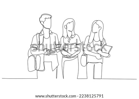 Drawing of group of three students walk together to discuss exam homework. Single continuous line art
