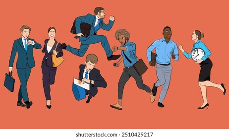 A drawing of a group of young office workers rushing to travel during rush hour. Some running, some walking, some jumping on an orange background.