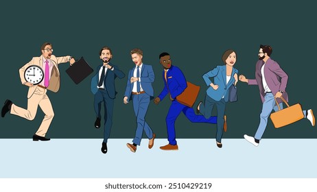 A drawing of a group of young office workers rushing to travel during rush hour. Some running, some walking, some jumping on an orange background.