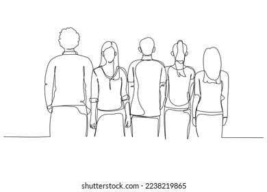 Drawing of group of young people standing look from the back. Continuous line art style
