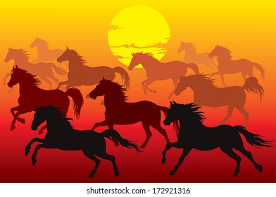 Drawing groups of horses race at sunset.