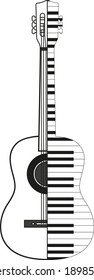 A drawing of a guitar, one half of which is represented as piano keys. Black and white wind illustration of a musical string instrument on a white background.