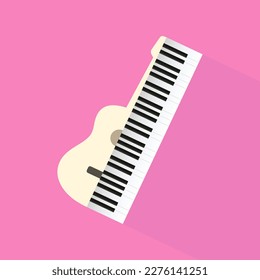 A drawing of a guitar, one half of which is represented as piano keys. Illustration of a musical string instrument with a piano synthesizer, on a pink background. Music background, vector color icon