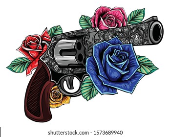 drawing of a gun with colored roses