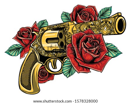drawing of a gun with colored roses