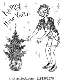 drawing of guy with christmas tree , a hand-drawn vector illustration