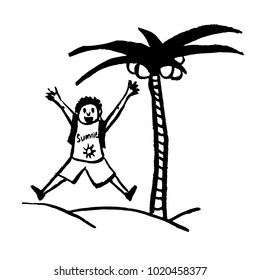 drawing guy in shorts and with backpack jumping for joy under palm tree, sketch, hand-drawn vector illustration