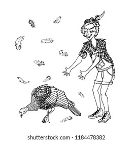 drawing of guy with turkey , a hand-drawn vector illustration