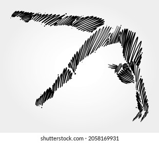 Drawing of a gymnast performing in motion, made from sketch-shaped brush strokes