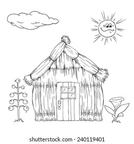 Drawing of a hais house with flowers and smoking chimney