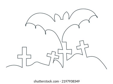 Drawing For Halloween. Bat Flies Over Graves. Linear Minimalistic Illustration In Single Line. Outline Silhouette With One Continuous Line. Cemetery And Bat On White Isolated Background.