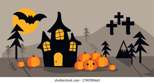 
Drawing for Halloween, holiday card. Scary witch castle, pumpkins, forest, bats, night, moon, crosses in the cemetery. Hand drawn flat illustration.
