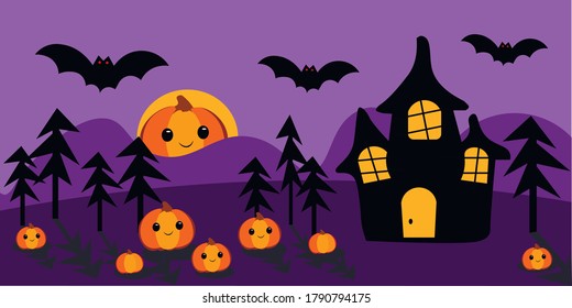 Drawing for Halloween, purple background. Postcard for the holiday. Scary witch castle, pumpkins, forest, bats, night, moon, crosses in the cemetery. Hand drawn flat illustration.
