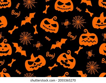 ็้้้Hand drawing Halloween seamless pattern for fabric ,background,gift wrapping paper and decoration with pumpkins bats spiders ghosts bones spider web.