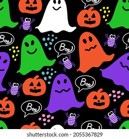 ็้้้Hand drawing Halloween seamless pattern for fabric ,background ,gift wrapping paperand decoration with pumpkins bats spiders ghosts bones spider web.