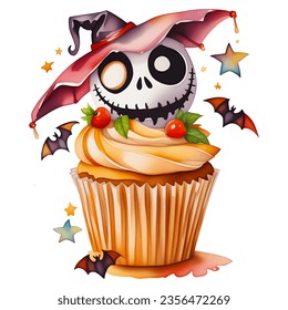 Drawing Halloween watercolor cocupcake with cream skeleton in hat and fruit. Isolated on white background design element. Holiday clipart for greeting card, party, print, poster, cover. Vector