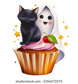 Drawing Halloween watercolor cupcake with cream black cat ghost and fruit. Isolated on white background design element. Holiday clipart for greeting card, party, print, poster, cover. Vector
