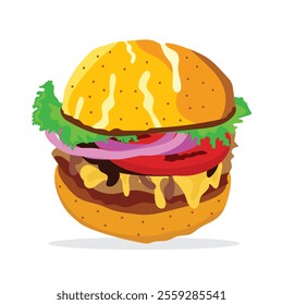 A drawing of a hamburger vector illustration with a green salad on it