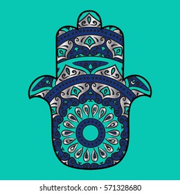 Drawing of a hamsa in blue, turquoise and silver colors, with floral ethnic round ornament on a turquoise background