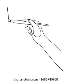 drawing of a hand with a brush painting on canvas line vector drawing. one single line illustration