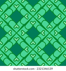 Drawing hand by across heart of clover in cozy of green color, green background. Seamless Pattern, design for wallpaper, tile, dish, interior, kitchenware, kitchen wallpaper, fabric. Vector.