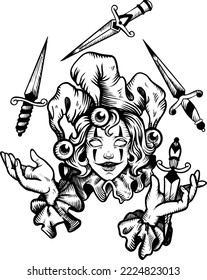 Drawing hand drawn engraving style illustration clown with knifes for design projects