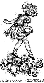 Drawing hand drawn engraving style illustration dancing girl on skulls for design projects