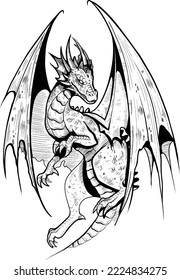Drawing hand drawn engraving style illustration dragon for design projects