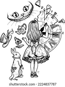 Drawing hand drawn engraving style illustration alice alice's adventures in wonderland for design projects