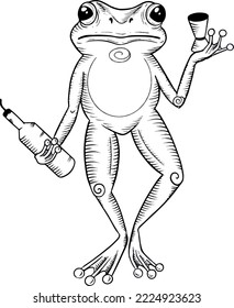 Drawing hand drawn engraving style illustration frog with wine for design projects