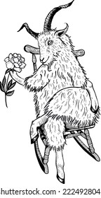 Drawing hand drawn engraving style illustration goat with flower for design projects