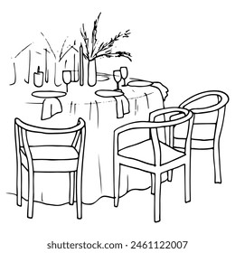 drawing of a hand drawn round table for guests and empty chairs. outline illustration of a wedding or other festive special event 