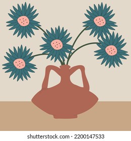 Drawing in hand drawn style. Depicted is an amphora flower vase with a trendy color palette.