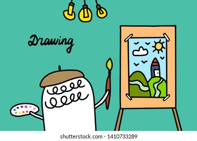 Drawing hand drawn vector illustration and cartoon artist men with brush