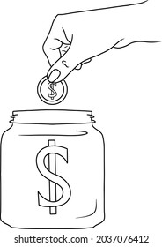 Drawing hand dropping a coin into the bank. Freehand drawing with dollar