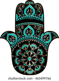 drawing of a Hand of Fatima (Hamsa) in black, gold and turquoise colors on a white background