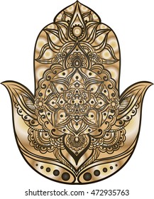 drawing of a Hand of Fatima (Hamsa) in black and gold colors on a white background