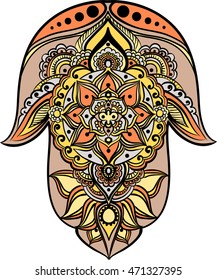 drawing of a Hand of Fatima (Hamsa) in orange, yellow, beige and gray colors on a white background