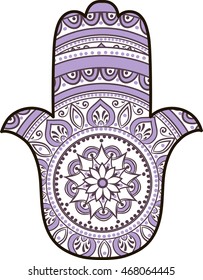 drawing of a Hand of Fatima (Hamsa) in white, violet and black colors on a white background