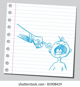 Drawing of a hand feeding a child