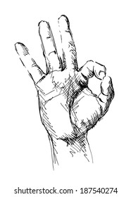 Drawing of hand with a gesture ok. Vector illustration