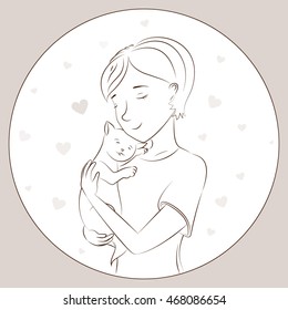 Drawing hand girl with a cat. Vector illustration.