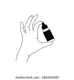Dibujo de una mano sujetando una botella con una botella pequeña, un medicamento o un producto cosmético aislados en un fondo blanco. Ilustración del vector
