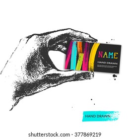 Drawing of a hand holding business card or virtual card or for your card. Vector illustration.